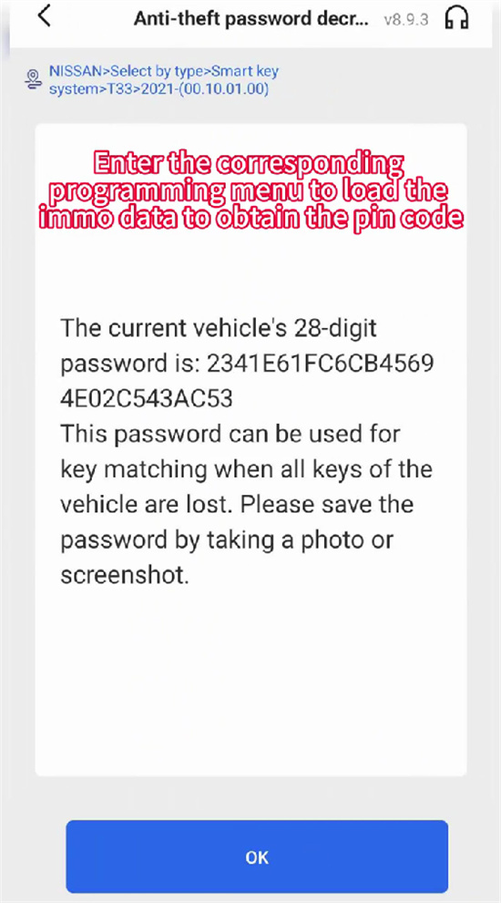 Enter the corresponding programming menu to load the immo data to obtain the pin code