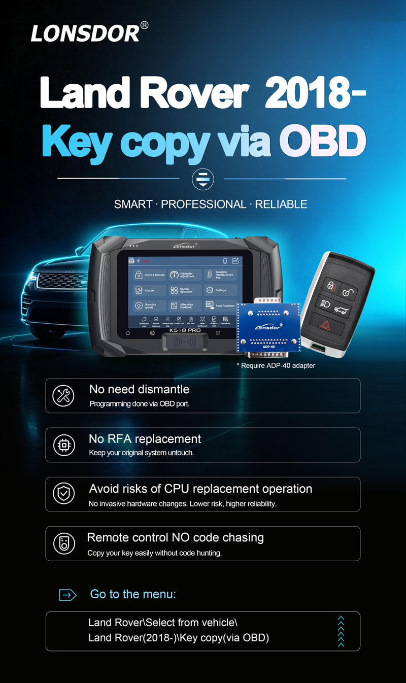 lonsdor k518 adds land rover 2018 key copy via obd